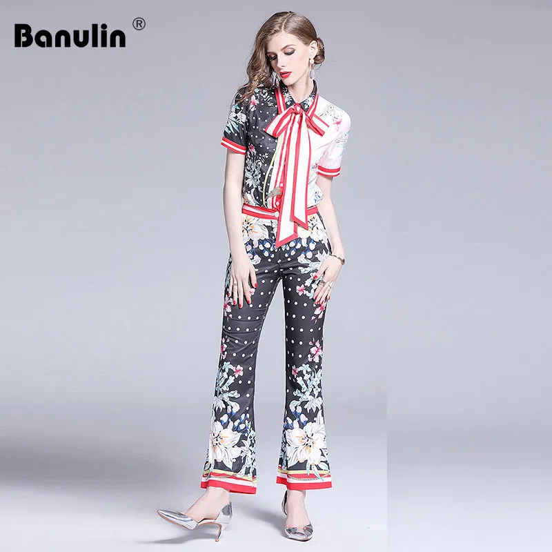 

Banulin 2019 Runway Designer Two Piece Set Women Short Sleeve Dot Floral Print Bow Shirt Tops + Flare Pencil Pants Blouse Suit