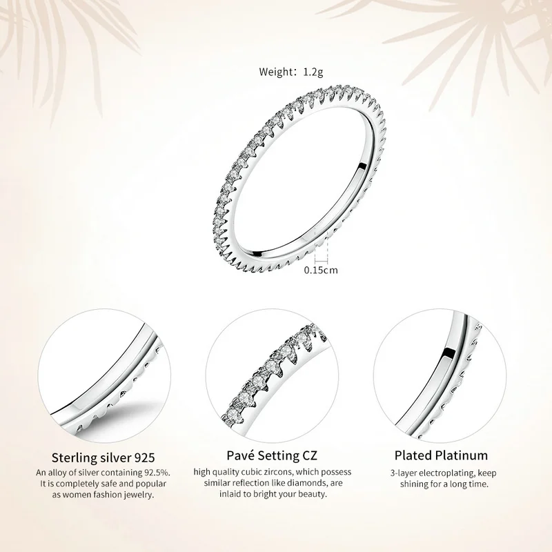 BAMOER Classic 925 Sterling Silver High Quality Circle Clear CZ Geometric Stackable Rings for Women Wedding Jewelry Gift SCR066