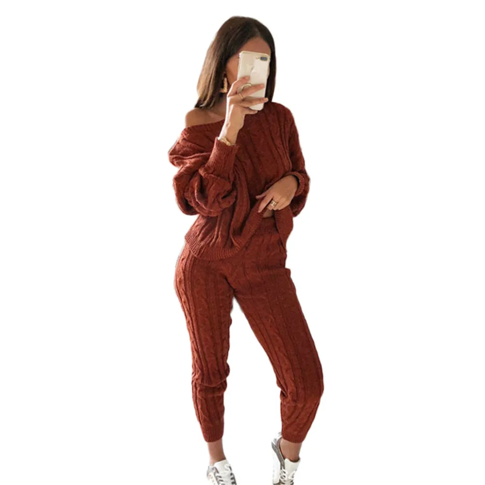  New Autumn Lady Tracksuit Two Piece Set Women Top and Pants Knitted Suit O Neck Knit Set Women Outw