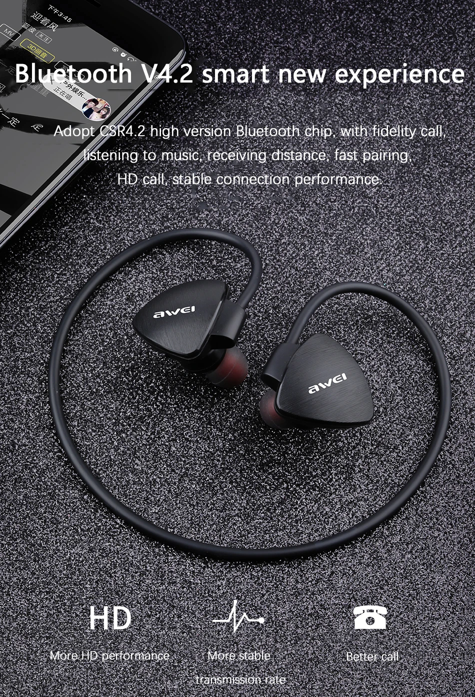 Беспроводные Наушники AWEI A847BL Спортивная bluetooth гарнитура с микрофоном стерео