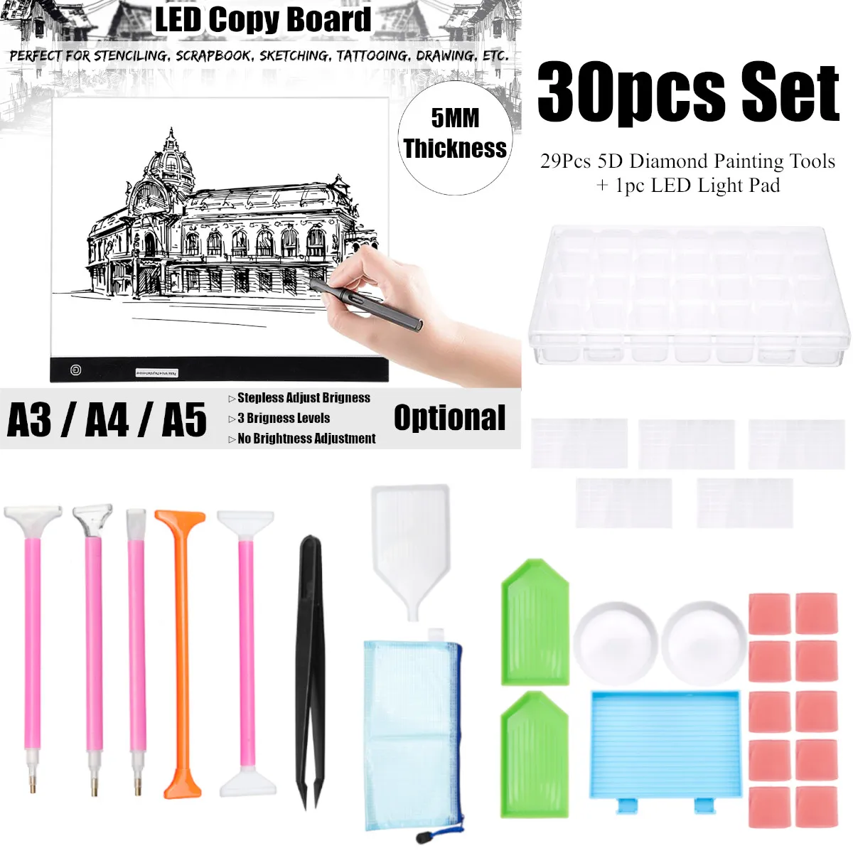 

29Pcs 5D DIY Diamond Painting Tools Pen Tweezers Embroidery Box + A3/A4/A5 LED Light Pad