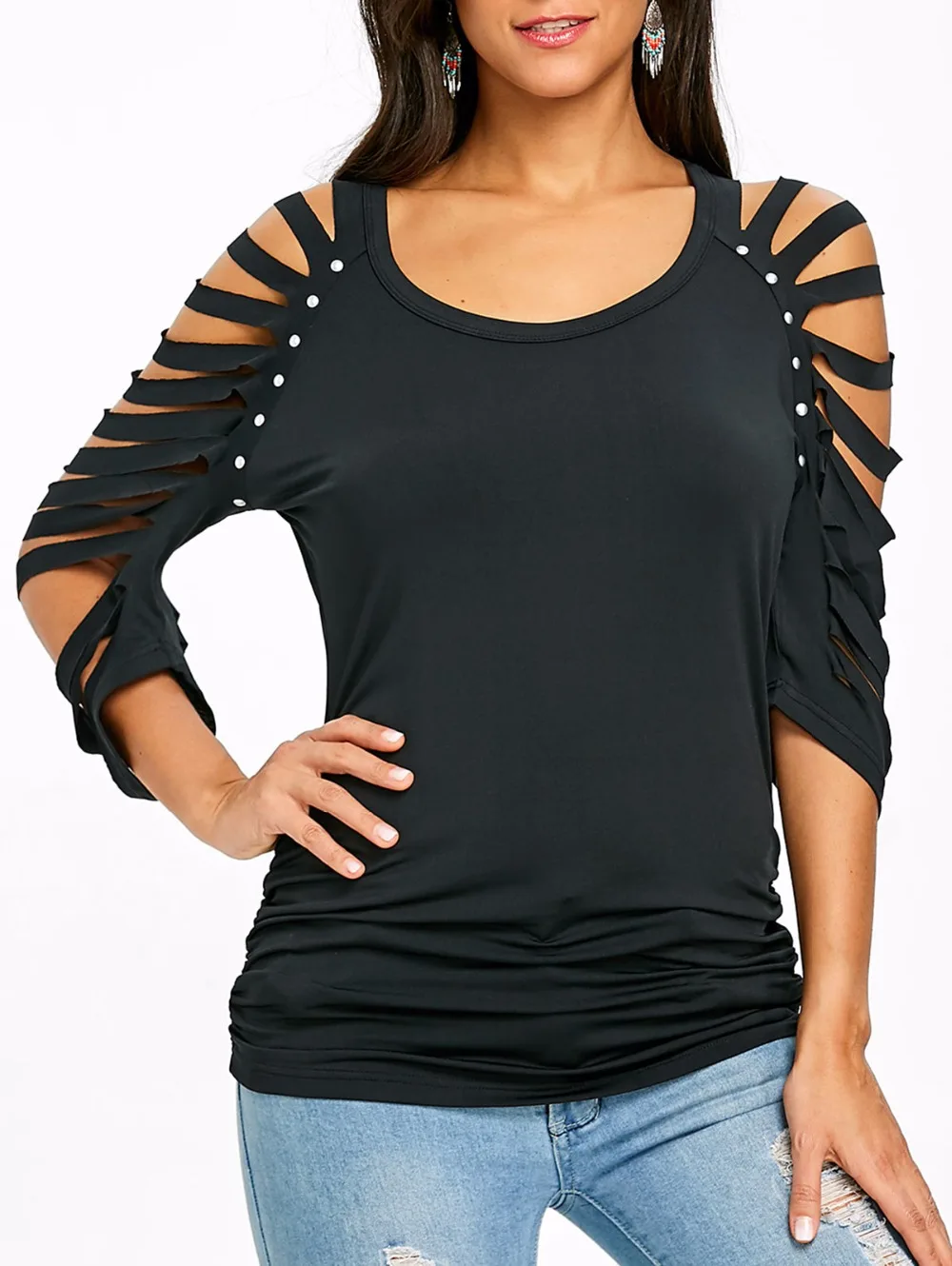 VESTLINDA T-Shirt Scoop Neck Ripped Raglan Sleeve T-Shirt Women Clothing Summer 2018 Causual Black Slim Fit T Shirts Tops Tees 6
