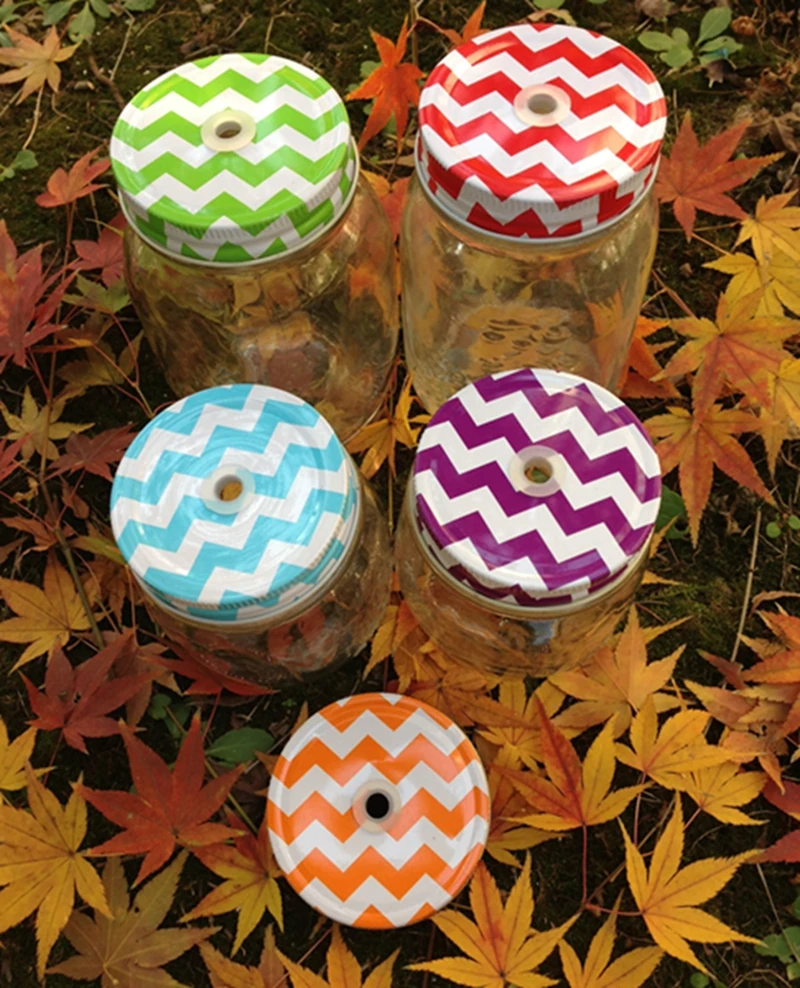 Stripes wavy lines Drinking glass Metal lids Mason jar Hole Lids Kids Parties birthday Baby Showers Accessories 3 PCS