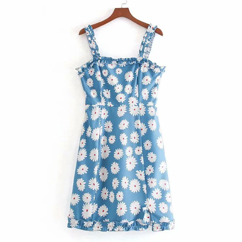 Women's Clothing Dress 2019 Daisy Print Ruffled Strap Slash Neck Dress Ms Summer Street Sexy Slim Fit Trend Fashion Clothing