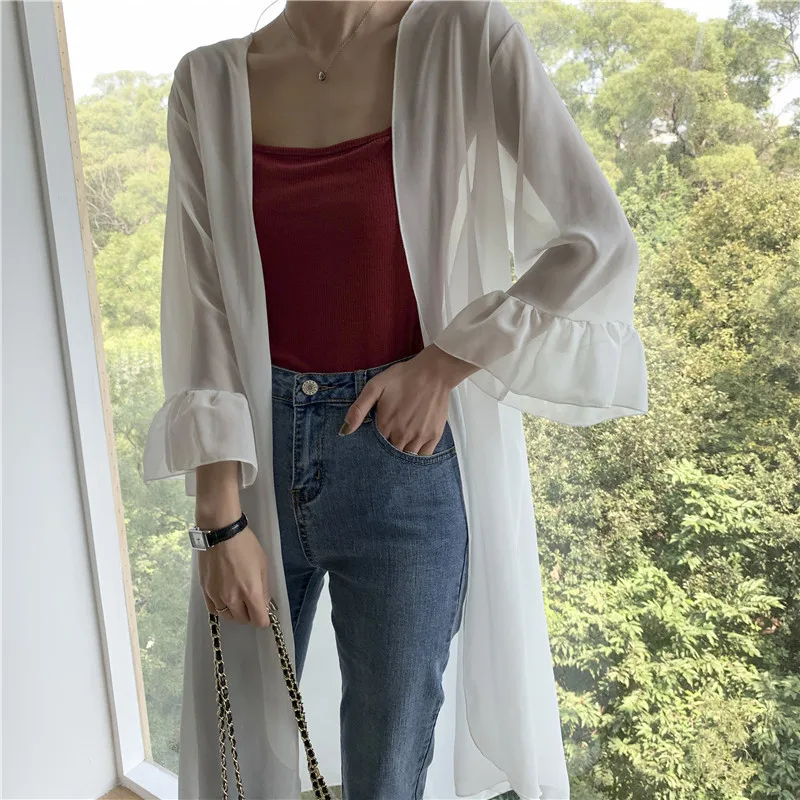

LKlady Sun Protection Clothing Female Summer New Long Coat Trumpet Sleeve Loose Air Conditioning Beach Female Chiffon Cardigan