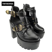 Women New Fashion Black Punk Gothic Buckle Strap Chunky Heel Shoes For Woman Hollow Out Platform Ankle Boots Shoes Black