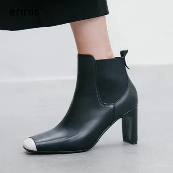 

ENNIS 2019 Gladiator High Heels Boots Women Genuine Leather Boots Black Square Toe Ankle Boots Autumn Winter Slip On Shoes A967