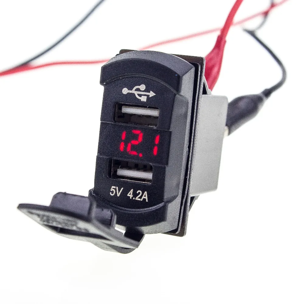 4.2A Waterproof Car Dual USB Phone Charger Socket Red Rocker Style LED Voltage Meter Voltmeter