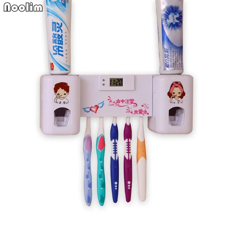 

NOOLIM 1Pcs 2 in 1 Automatic Toothpaste Dispenser with 5 Toothbrush Holder Set Wall Mount Rack Stand With Clock
