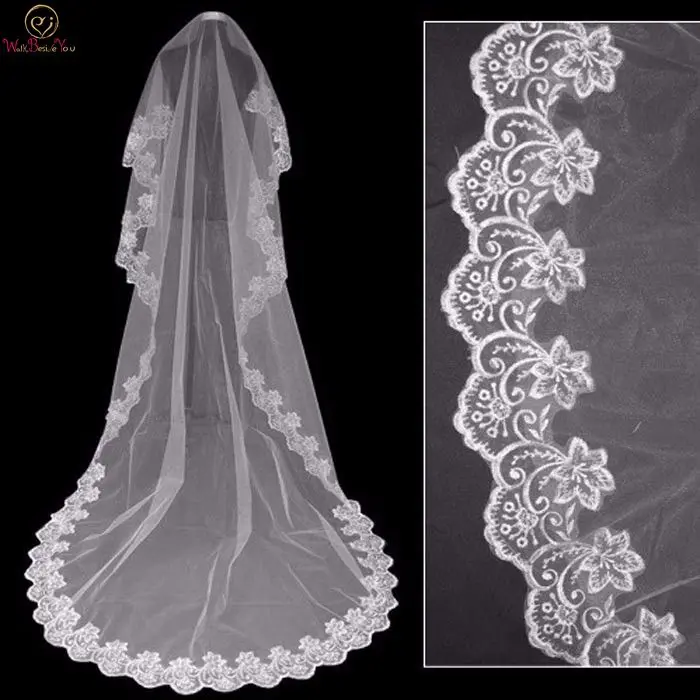 

White/Ivory 3M Cathedral Veil 2019 Elegant Applique Edge Lace Bridal Veil Long Wedding Accessories Women velos de novia Princess