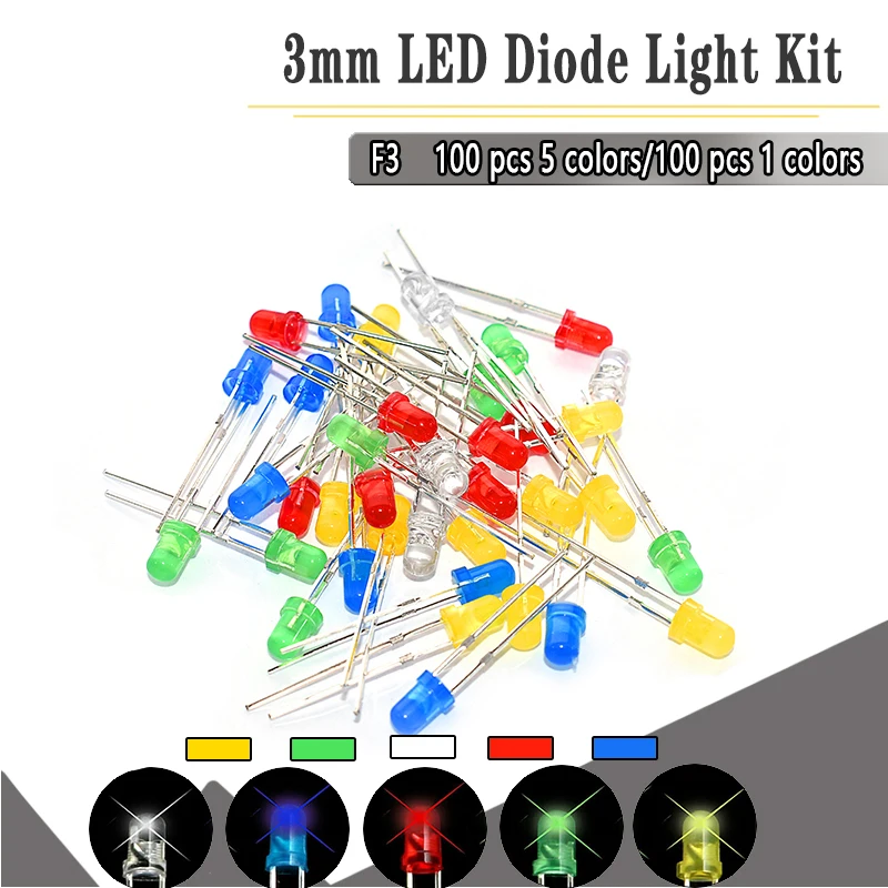 100 шт./лот 5 мм F3 3 мм светодиодный диодный светильник Ассорти комплект зеленый синий белый желтый красный набор компонентов «сделай сам»