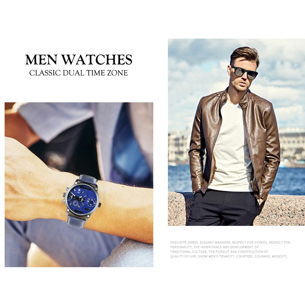 Keller & Weber Business Men's Watches Dual Time Zone Quartz Wrist Watch Genuine Leather Band Male Wirst Clock  (30)