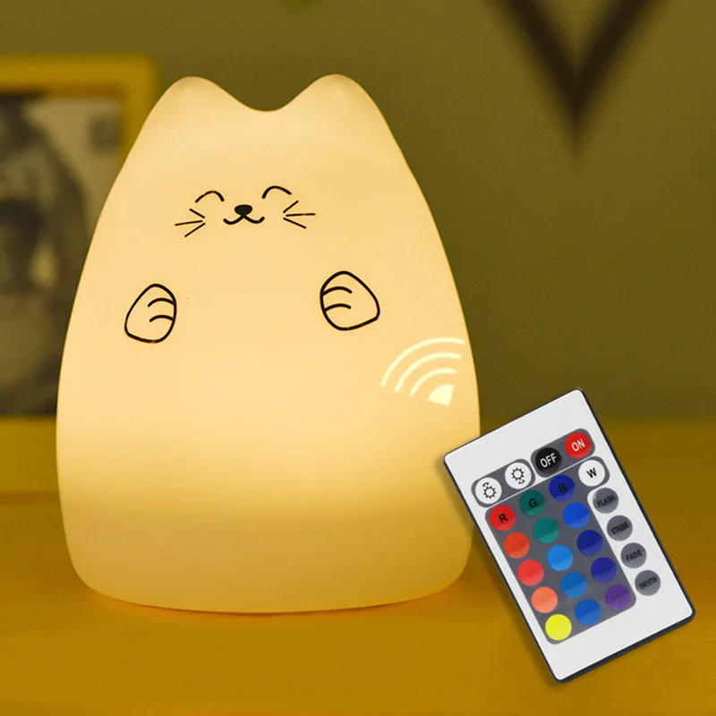 SuperNight Cartoon Cat LED Night Light Remote Control Touch Sensor Colorful Silicone USB Children Kids Baby Bedside Table Lamp