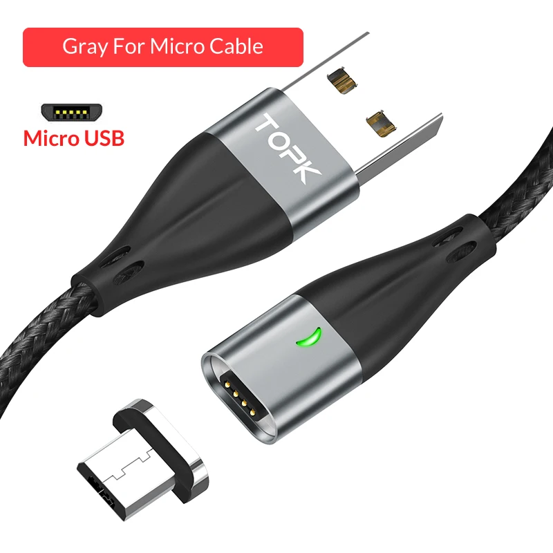 TOPK 1 м светодиодный магнитный кабель Micro Usb кабель для быстрой зарядки Micro Usb Магнитный кабель для зарядки и передачи данных для samsung Xiaomi huawei - Цвет: Gray Cable