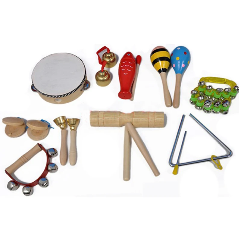 Set RETYLY Giocattoli Set di Strumenti Musicali Orff Band Rhythm Kit Tamburello Maracas Nacchere Handbells Harmonica per Children 8PZ 