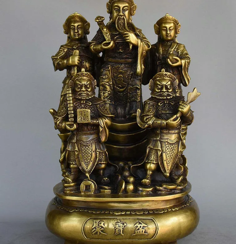 

15" Chinese Pure Copper Bronze Stand Wealth Treasure Bowl Five Mammon God Statue