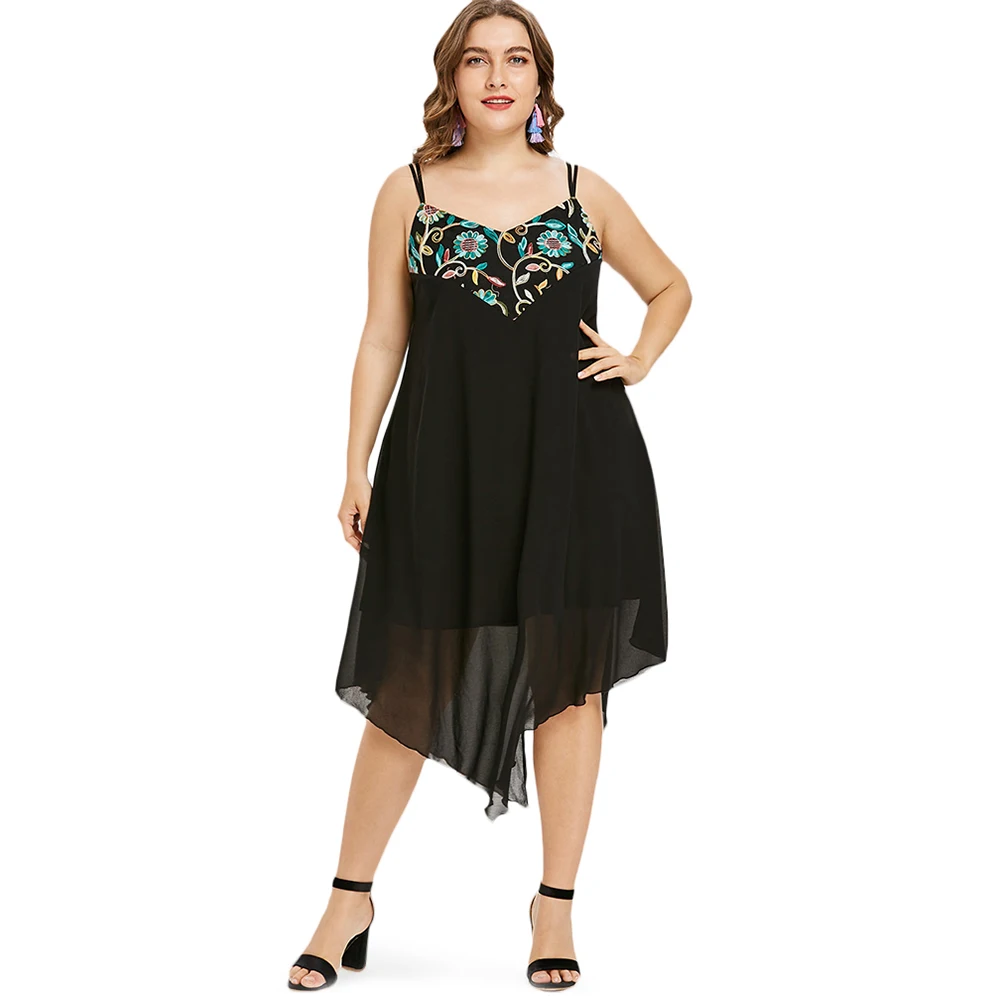 

5XL Plus Size Embroidery Slip Dress Sexy Black Women Sleeveless Spaghetti Strap Asymmetrical Dress Female Mid-Craft A-Line Dress