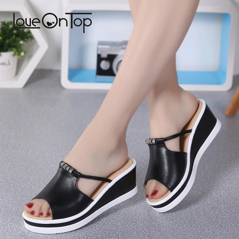

Loveontop Summer Fashion Women Slippers Flip Flops Ladies Slides Black Genuine Leather Wedges Slippers Woman pantoffels dames