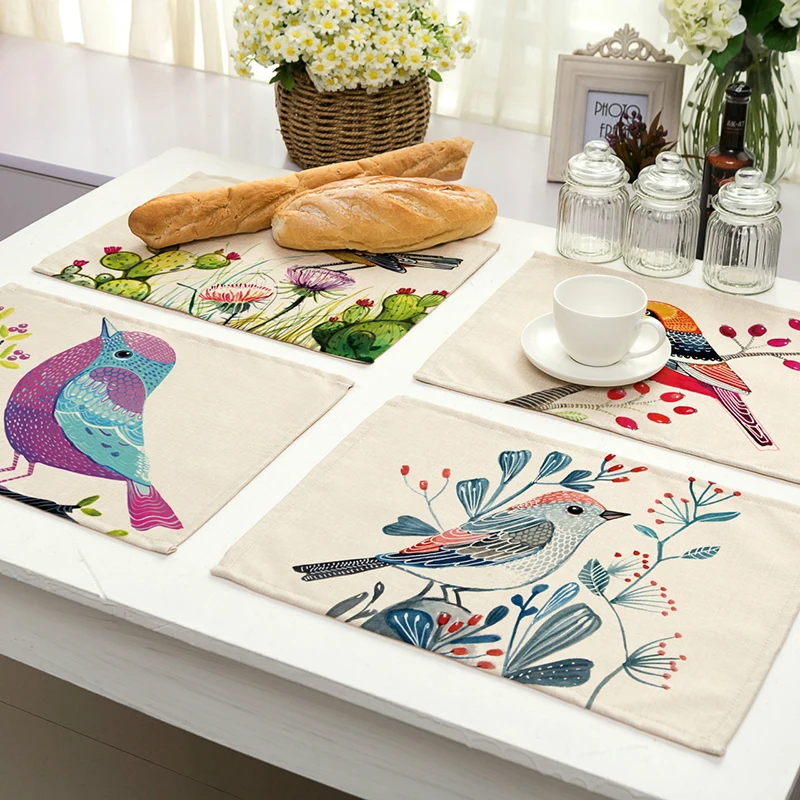 

Flower Bird Printed Western Pad Cotton Linen Hand Painted Placemat Dining Table Insulation Mat Coaster Kitchen Accessories S2