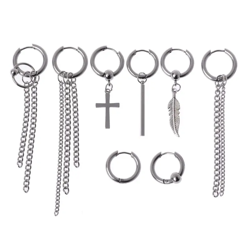 

Korean Jewelry Titanium Steel Earrings Long Men Boys Hoop Chain Drop Earrings