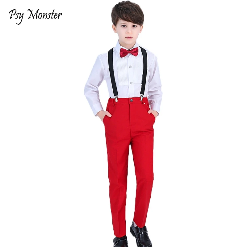 Traje Formal de marca de flores para niños, vestido de de campus para boda, camisa con tirantes para niños, pantalones con pajarita, trajes de ceremonia, 4 Uds.|Trajes| - AliExpress