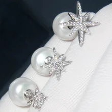 Модные серьги S925 из стерлингового серебра с монотонными звездами, серьги с кубическим цирконием, жемчужные серьги-гвоздики для женщин, хорошее ювелирное изделие