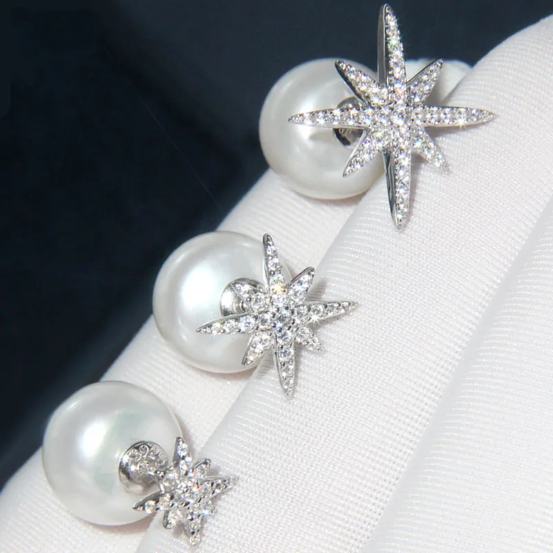 

SLJELY Fashion S925 Sterling Silver Mono Fine Star Earring Cubic Zirconia Stones Pearl Stud Earring Women Fine Jewelry