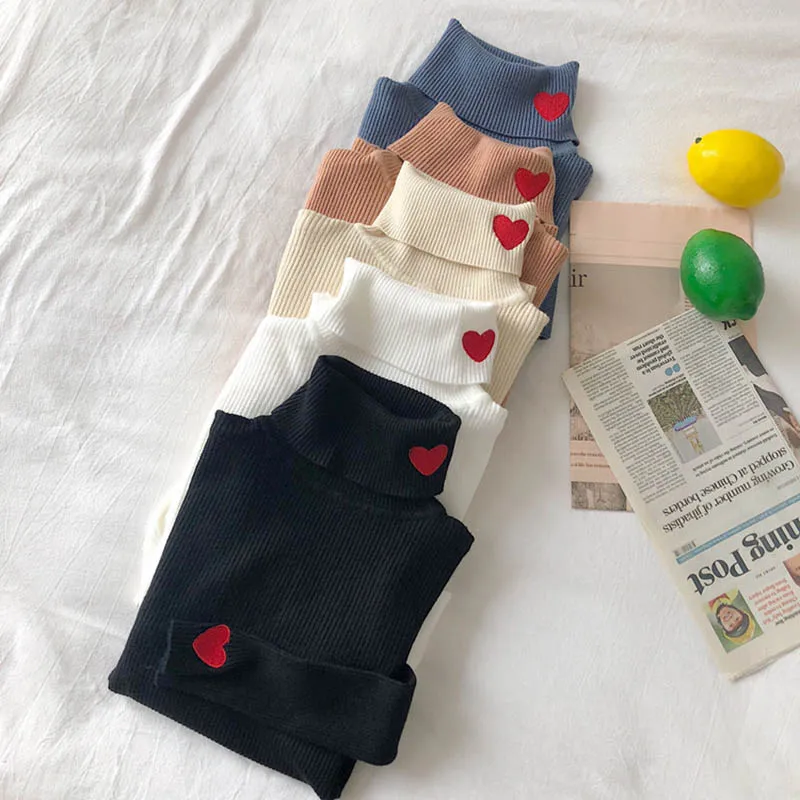 OLN 2019 New Style Autumn Winter Fashionable Self-cultivation Bottoming Shirt Love Embroidery High Collar Women's Pullover 6253 OLN 2019 New Style Autumn Winter Fashionable Self-cultivation Bottoming Shirt Love Embroidery High Collar Women's Pullover 6253