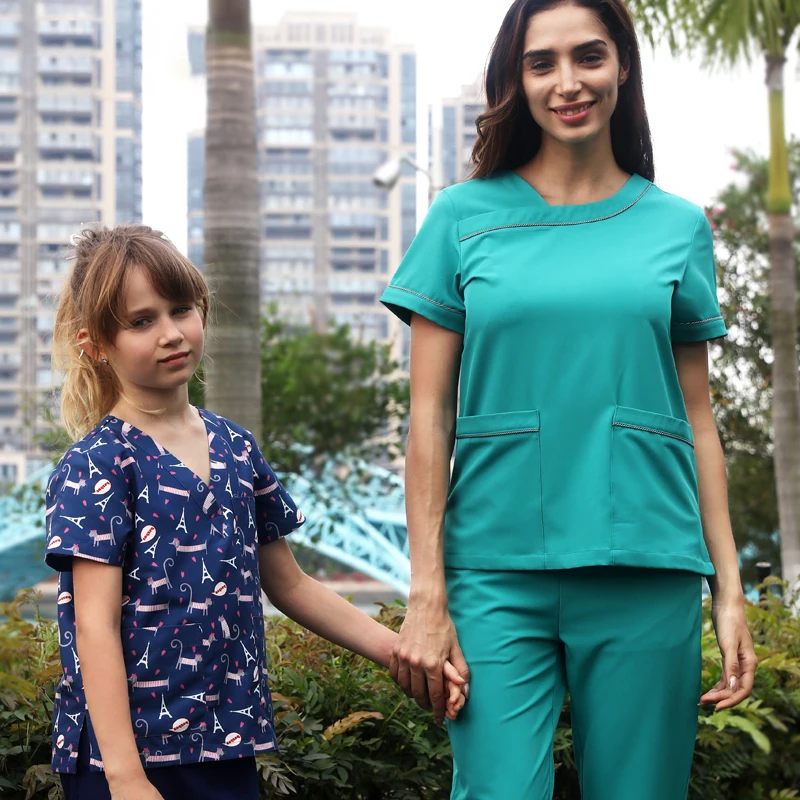 

Wrap Nurse Uniforms Medical Scrubs Doctor Scrub Suit Short Sleeve Nurse Top and Pant Infinity Stretch Dentist Workwear