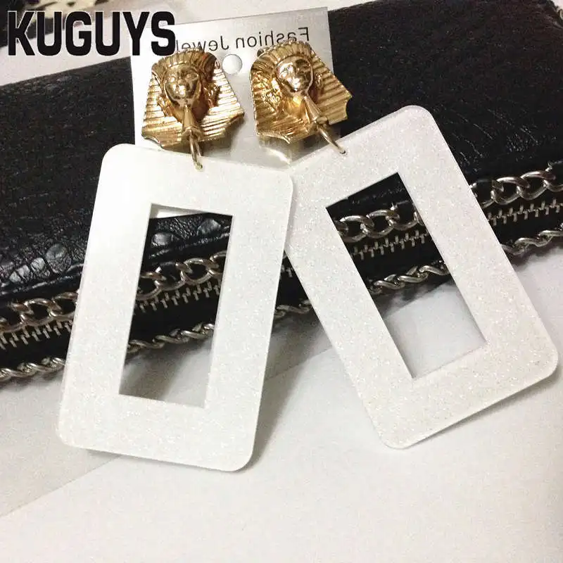 

KUGUYS Fashion Acrylic Jewelry Custom Black White Square Large Earrings for Women Brincos Vintage Pharao Drop Earring Pendientes