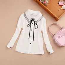 От 3 до 15 лет г., весенне-осенние шифоновые блузки с длинными рукавами и бантом для девочек школьная блузка для девочек топы для маленьких девочек, белые рубашки, одежда AA2155