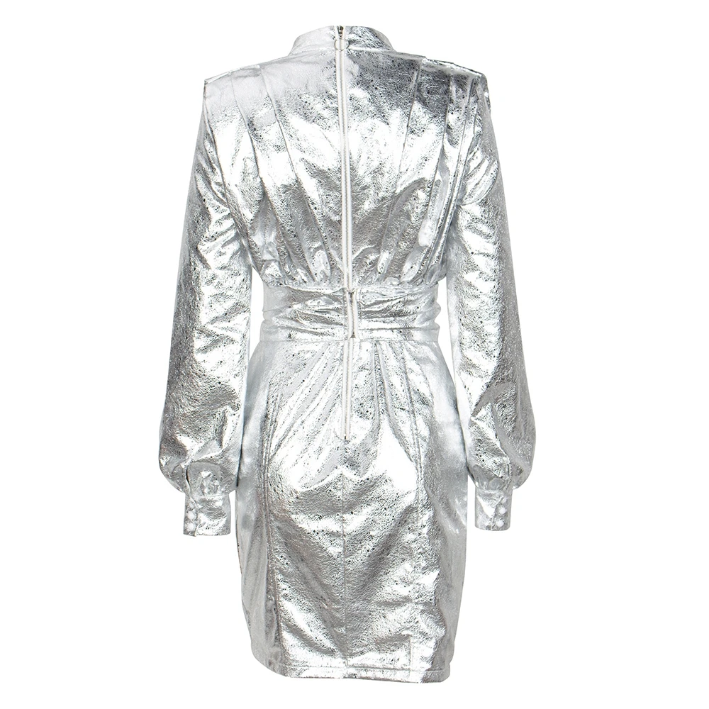 Модное серебряное сексуальное платье с длинным рукавом и поясом, женское элегантное Клубное платье на молнии, однотонное платье с высоким воротом, платье знаменитостей