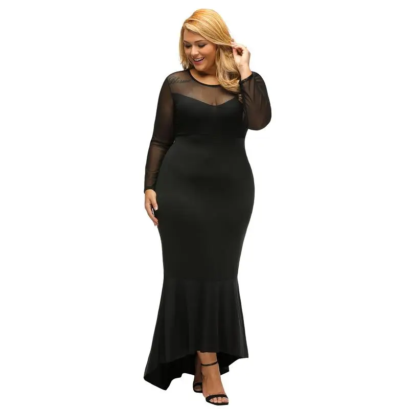 SEBOWEL Pluz Size Long Sleeve Women Bodycon Maxi Party Dress Hi-low Hem Mermaid Oversize Dresses BlackRed XL-XXXL (1)