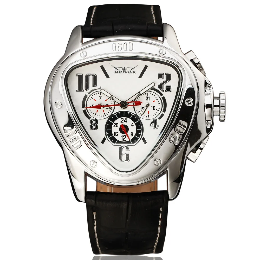 2016 JARAGAR الفاخرة Orologio أومو ووتش الأصفر مثلث السيارات ساعات آلية الرجال 6-أيدي ساعة يد بعقارب أوتوماتيكية السفينة حرة