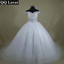 QQ Lover 2017 New Luxury Beaded Big Train Boat Neck Ball Gown Wedding Dress Bridal Gown Vestido De Noiva