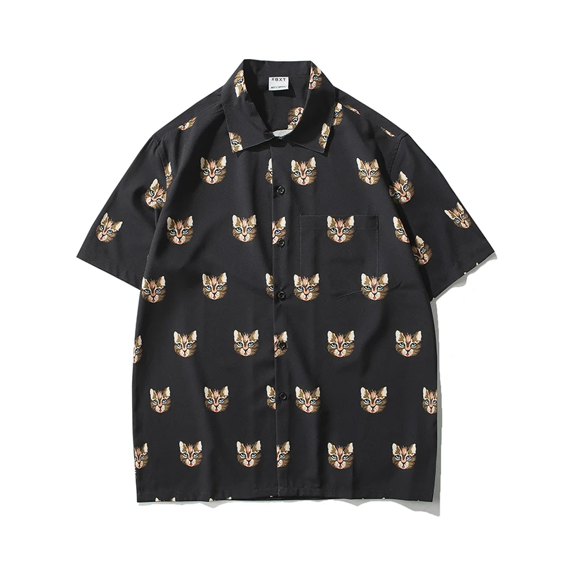 Cat Print Funny Men Shirt Long Sleeve Loose Blouse Button Up Woven Top | Мужская одежда
