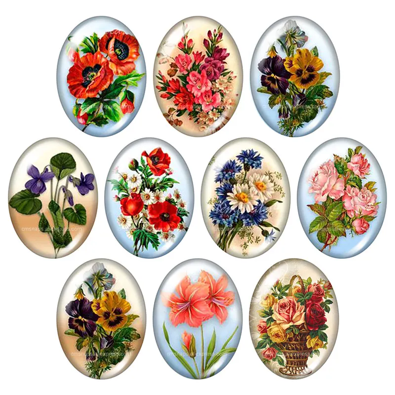 뷰티 빈티지 꽃 로즈 데이지 10pcs 13x18mm/18x25mm/30x40mm 타원형 사진 유리 카보 숑 데모 플랫 백 결과 만들기 TB0043