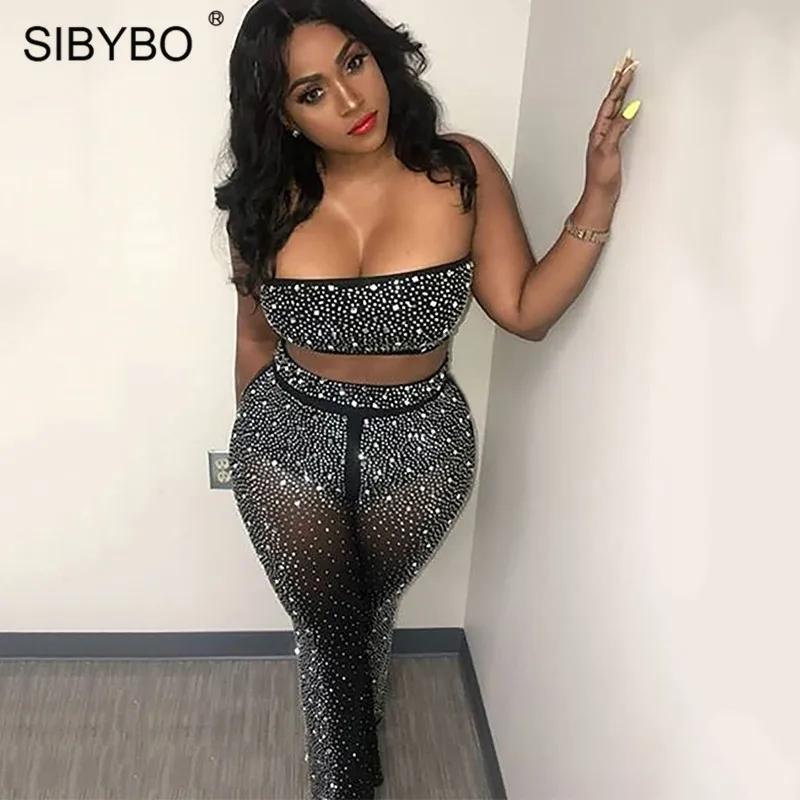 

SIBYBO Diamonds Sexy Mesh Two Piece Set 2018 Summer Strapless Crop Top and Wide Leg Pants Black Women Outfits Party Wear Suits