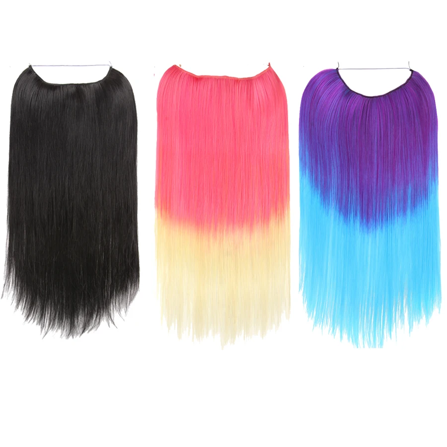 

Alileader 22 Inch Ombre Blue Flip Wire Fish Line Hairpiece Natural Long Silk Straight Invisible Halo Hair Extensions Synthetic