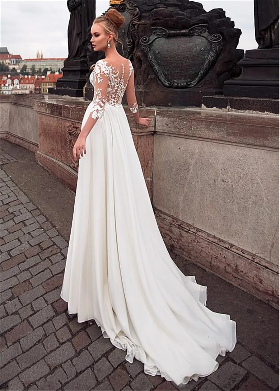 Elegant Chiffon Bateau Neckline See-through Bodice A-line Wedding Dress With Lace Appliques Front Slit 3/4 Sleeves Bridal Dress