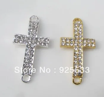 

New Hot 30pcs 36*18mm Silver & Gold Sideway Cross Connectors with Crystal Rhinestone for Handmade Bracelets Free Shipping