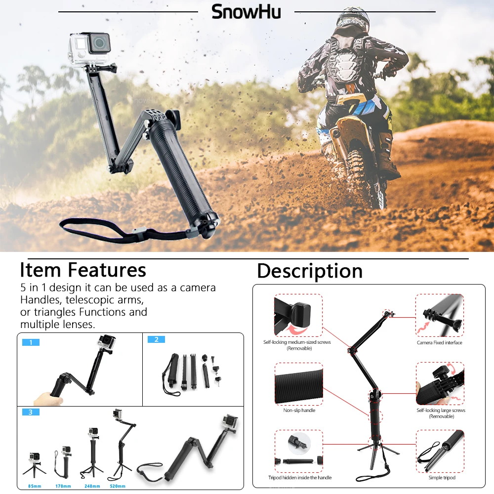 Comprar SnowHu para Gopro accesorios para ir pro hero 8 7 6 5 4 3 kit de 3 selfie palo para Eken h8r xiaomi para yi 4K EVA GS02