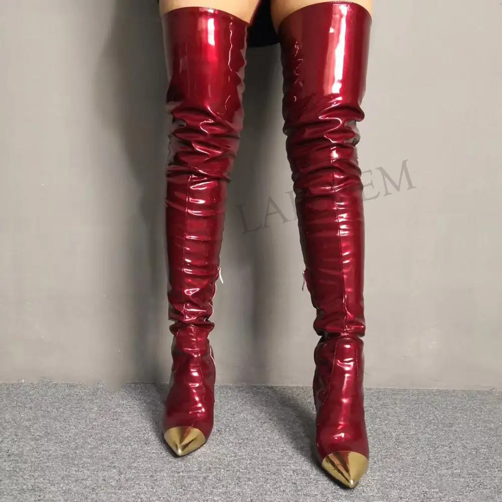 LAIGZEM SHINY Women Boots Thigh High Boots Wine Red High Heels Long Tall Waterproof Party Shoes Botines Mujer Large Size 4-15 (5)