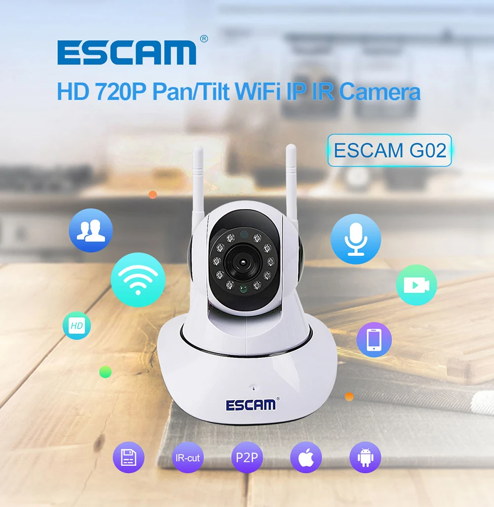 ESCAM G02 двойная антенна 720P Pan Tilt WiFi ip-камера с поддержкой ONVIF Max до 128 Гб Видео монитор, мини ночное видение, ИК-камера