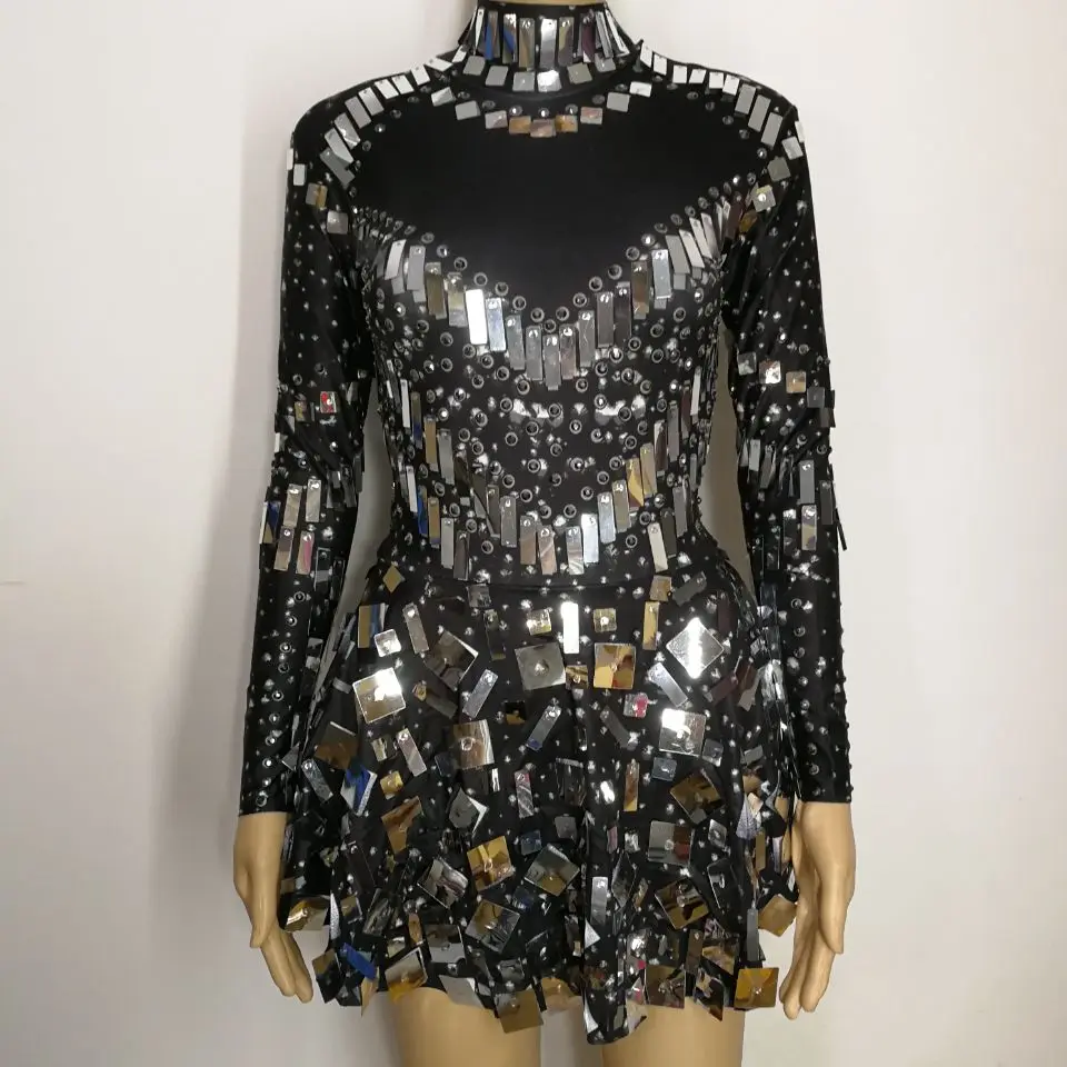 

black Sequins mirrors stones sexy female costumes Bright crystals diamond singer nightclub bar show DJ dress performance star