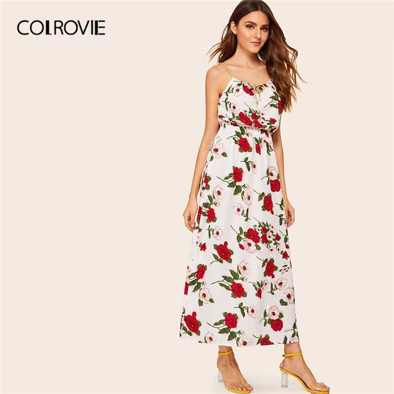 

COLROVIE Braid Strap Faux Pearl Detail Floral Print Boho Cami Long Dress Women Summer Sleeveless Pleated Slip Beach Dresses