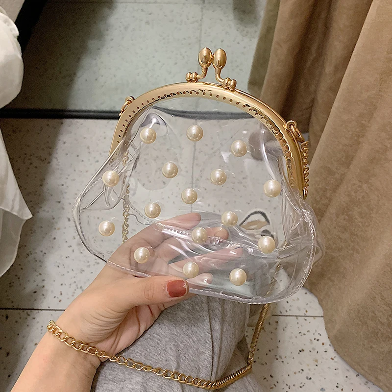 

Transparent Jelly bag 2019 Summer New High Quality PVC Women's Designer Handbag Pearl Shell bag Chain Shoulder Messenger bag