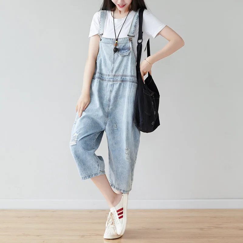 

Women Summer Retro Ripped Holes Bleached Denim Jumpsuits Jeans Overalls Female Light Color Holes Denim Rompers Ladies Jumpsuit