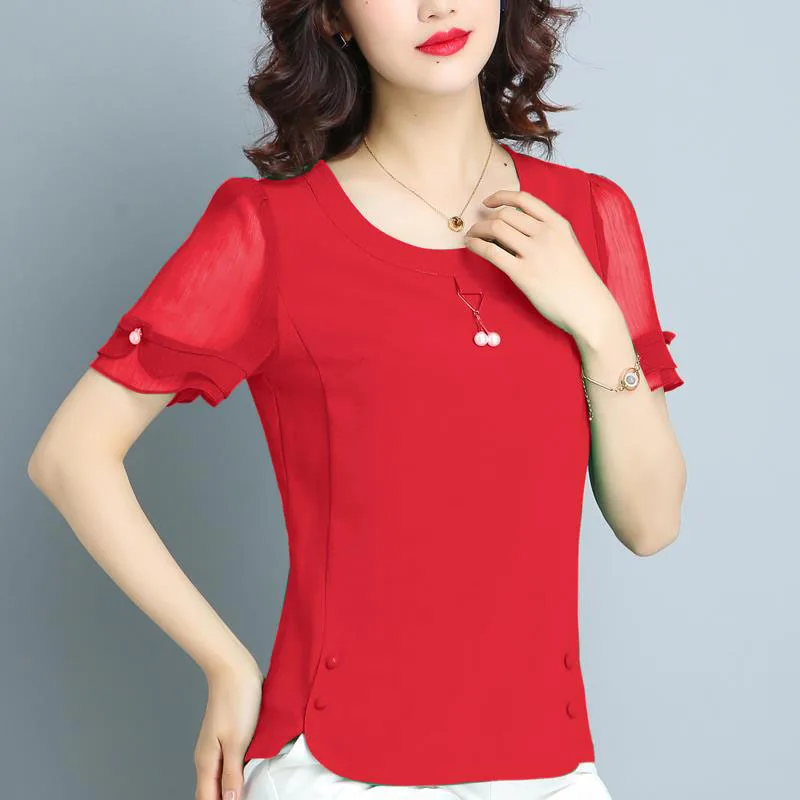 المرأة عارضة الربيع الصيف نمط الشيفون البلوزات قمصان سيدة أنيقة قصيرة الأكمام س الرقبة Blusas قمم قمصان DF2398