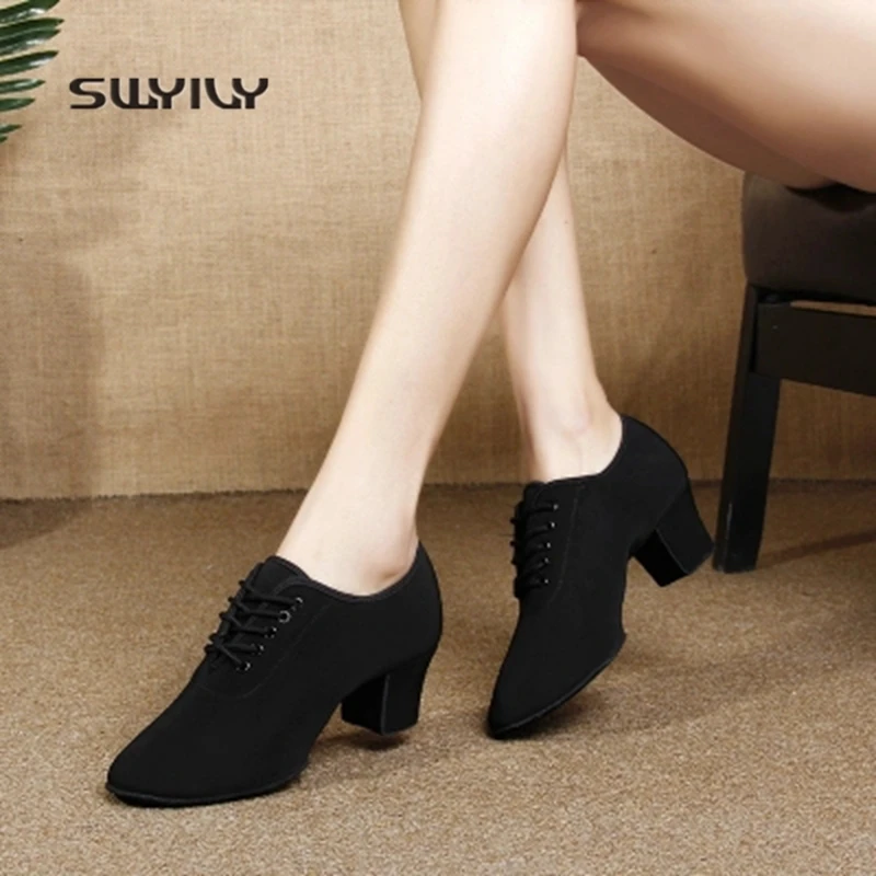 SWYIVY Women Latin Dance Shoes 3cm/5cm Mid-heel 2018 New Lace-up Dance Sneakers Outdoor Indoor Women Square Dance Shoe Soft Sole